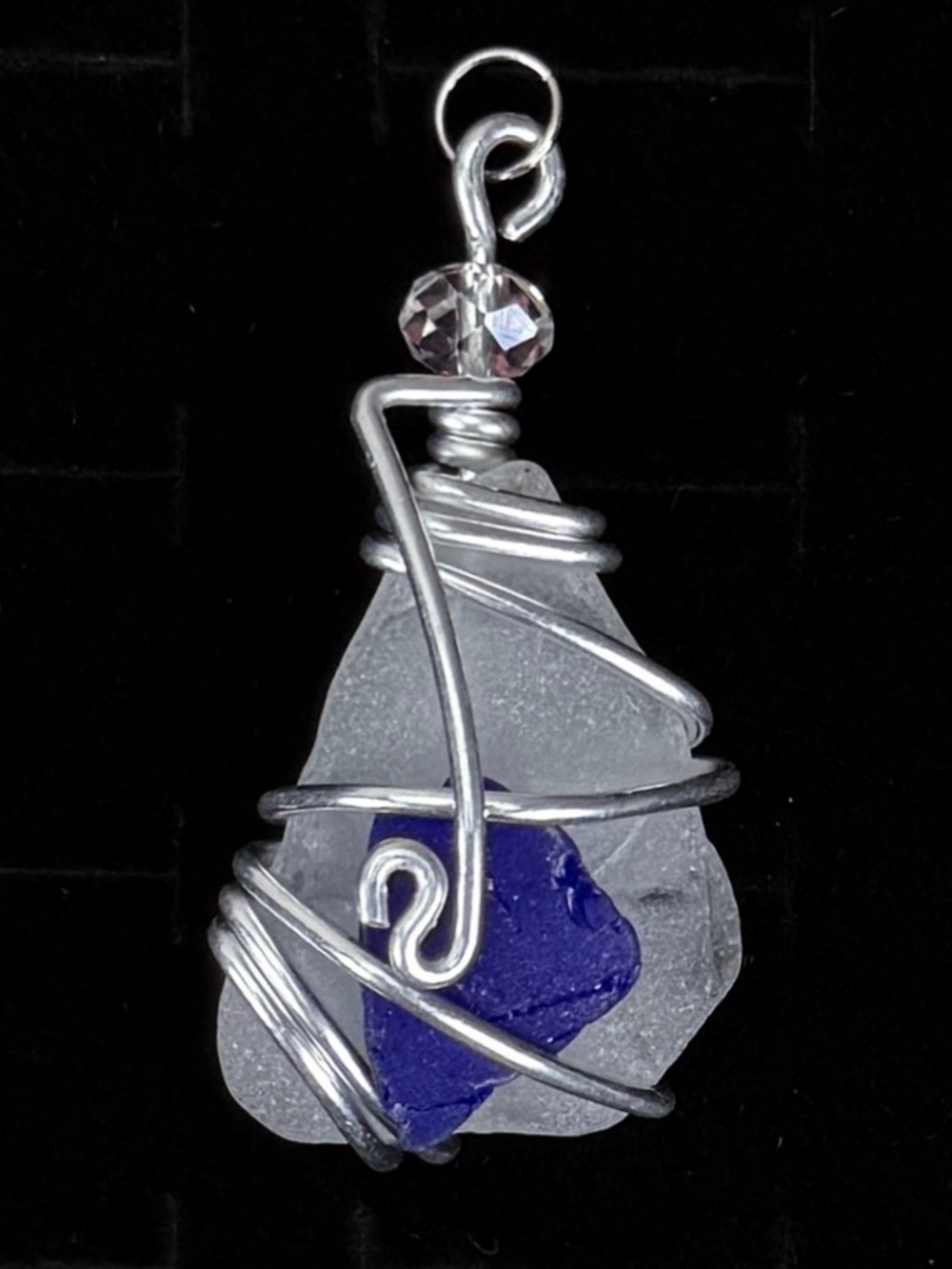 Wire Wrapped Sea Glass Pendant Blue White Beach Glass Artisan Charm